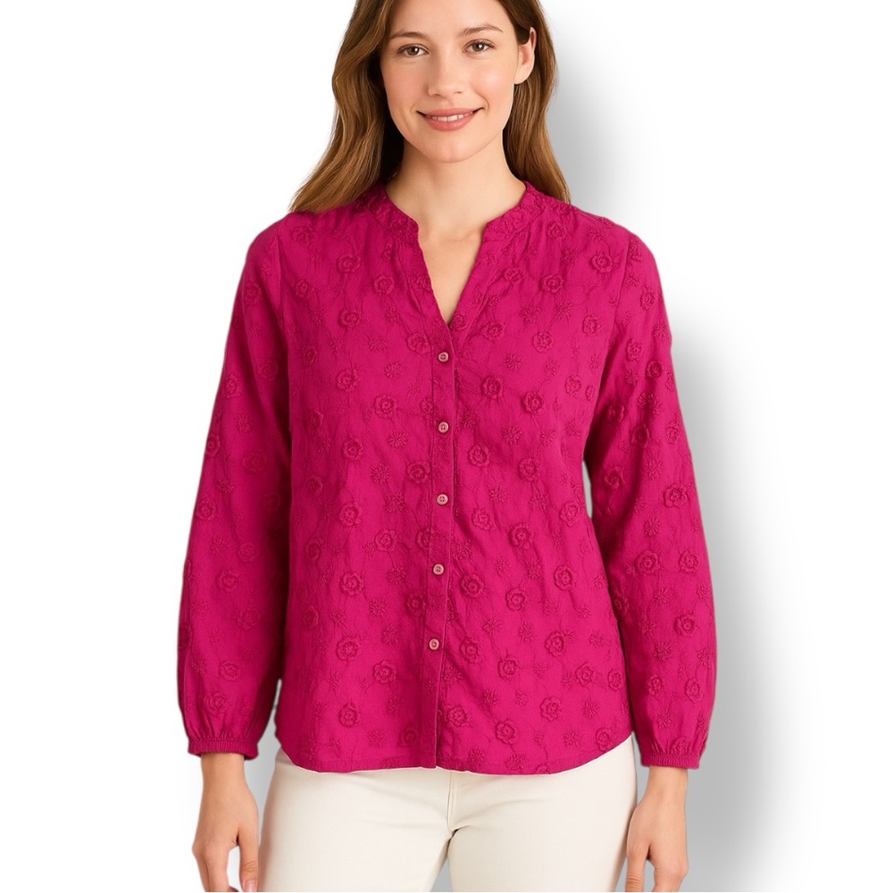 Soft Surroundings Sunny Day Blouse Magenta 3D Floral Long Sleeve V-neck Peasant